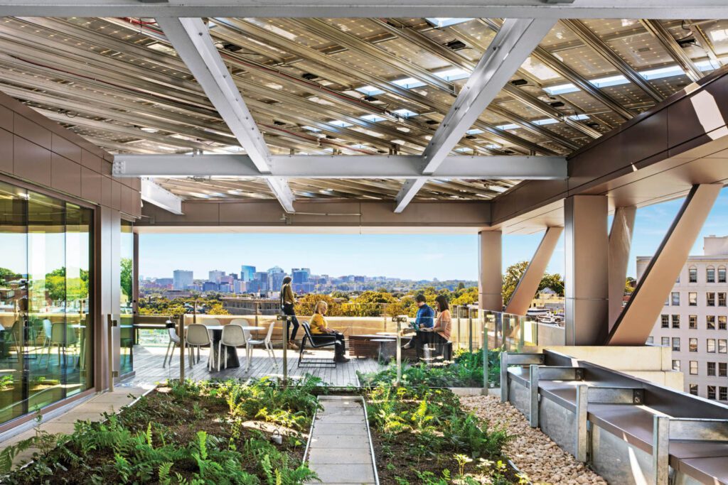 An open-air rooftop with a lattice ceiling 