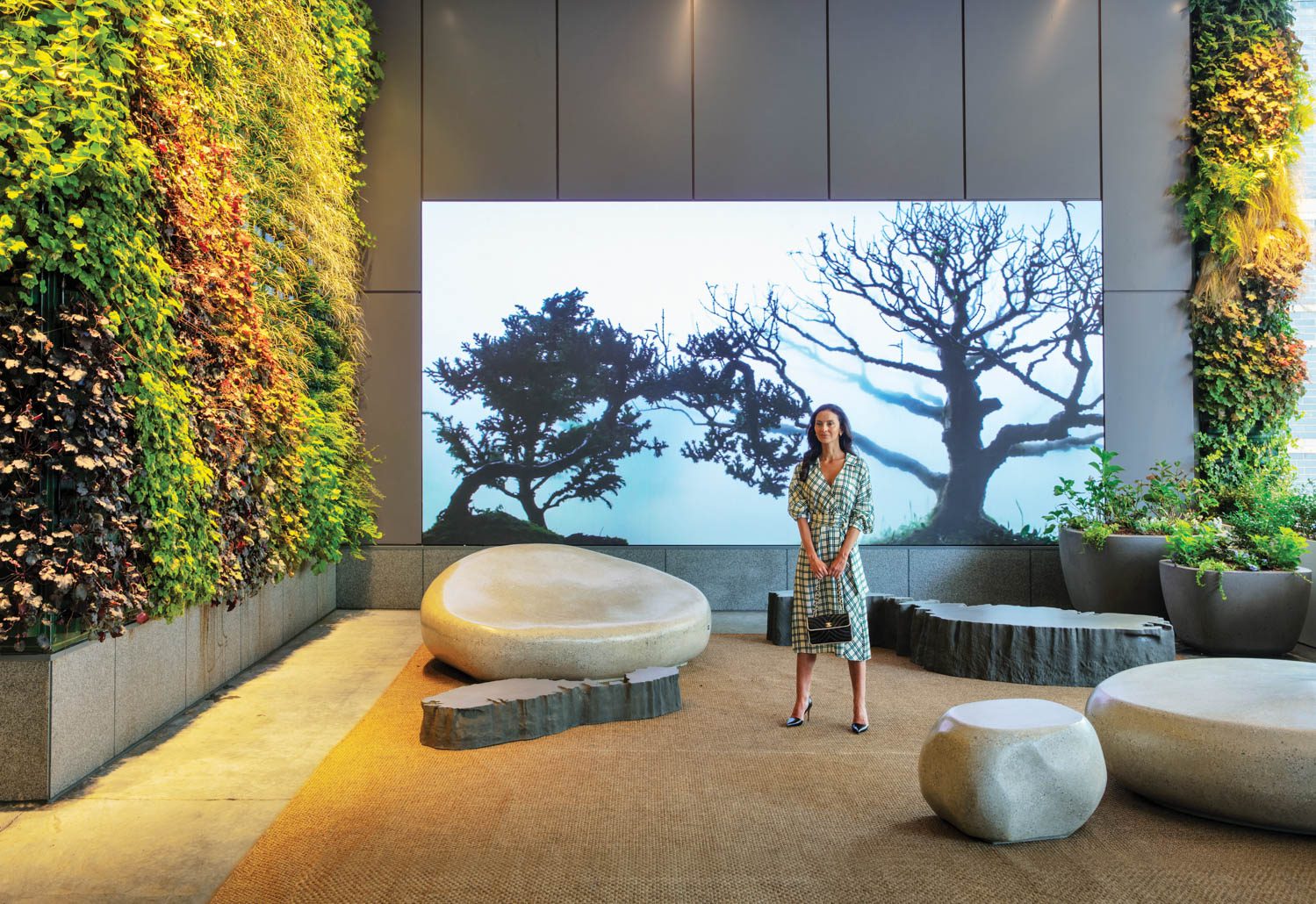 The porte cochere also includes a video work by Wu Chi-Tsung and living green walls. Photography by Eric Laignel.