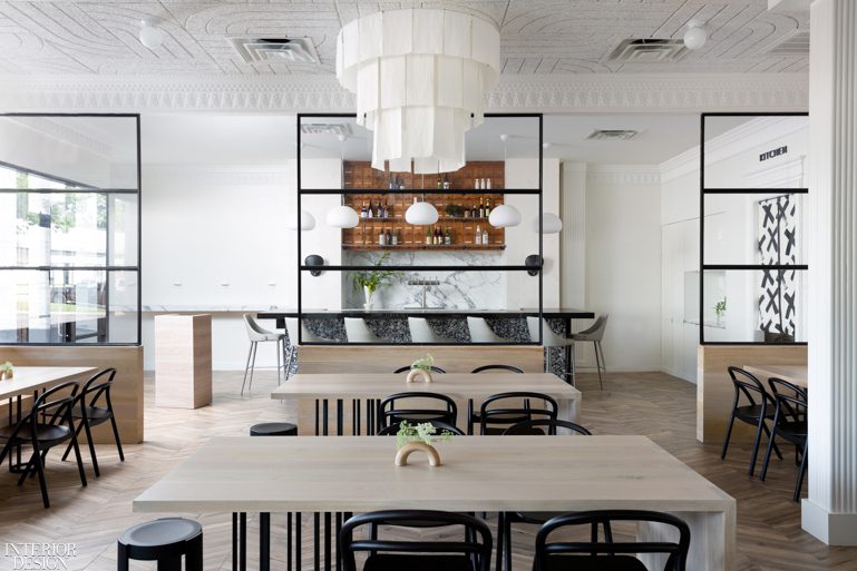 Wood dining tables with black chairs 