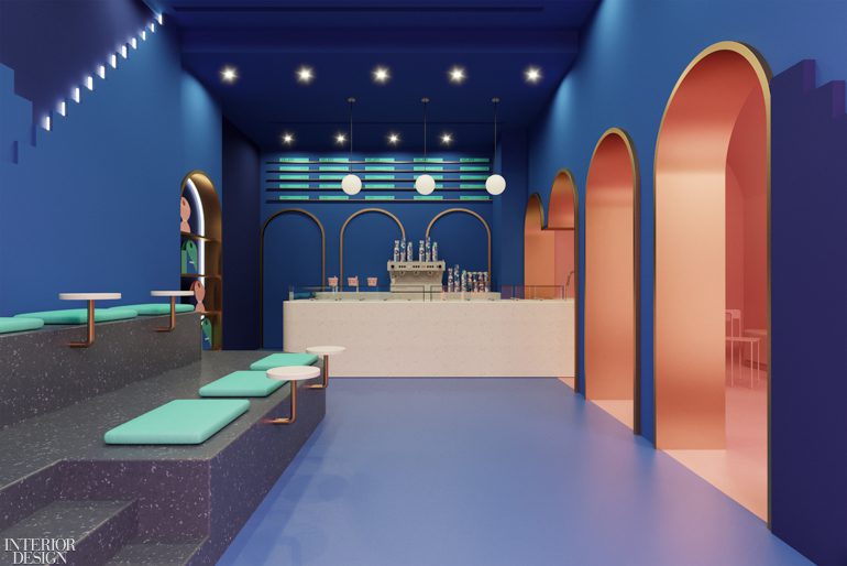 A bright gelato shop with blue walls and arched doorways