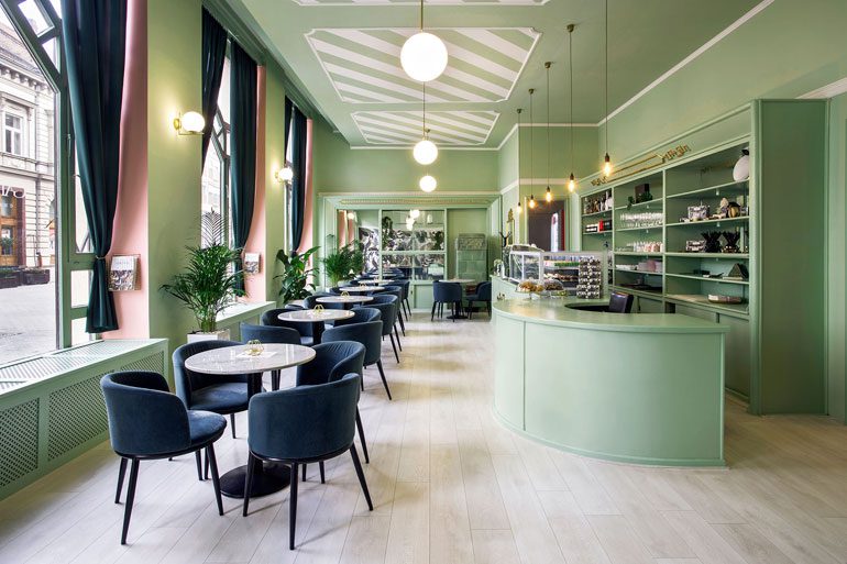 pastel green interiors in a cafe