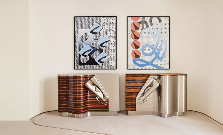 Maria Pergay’s Drape Cabinet A and B beneath Salte and Kick, prints by Hannah Whitaker