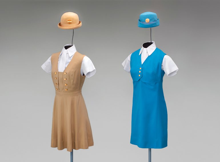 Flight attendant dresses by Evan-Picone’s Frank Smith and Borsalino hats for Pan Am, 1971