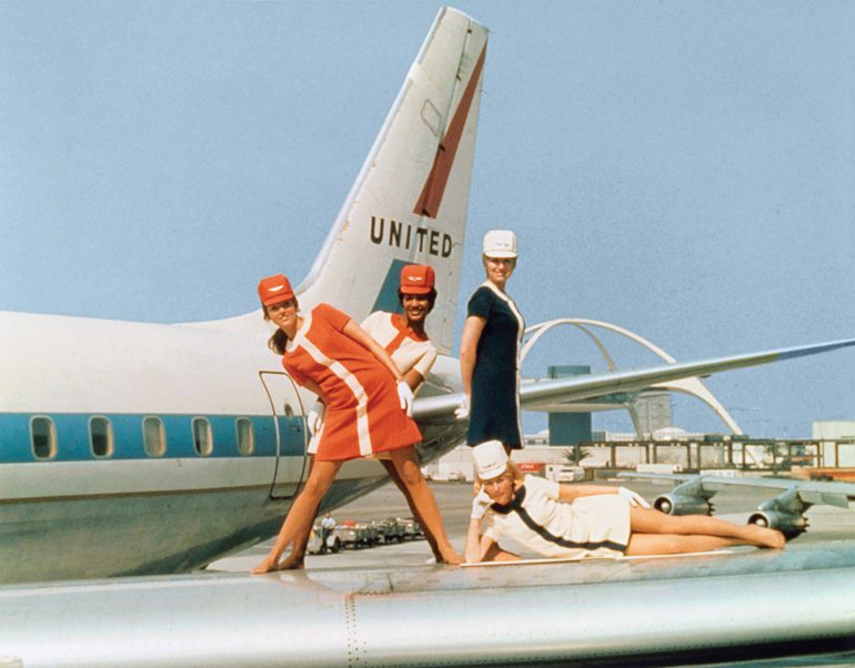 United flight attendants on a Douglas DC–8 to commemorate 40 years of their profession, 1970