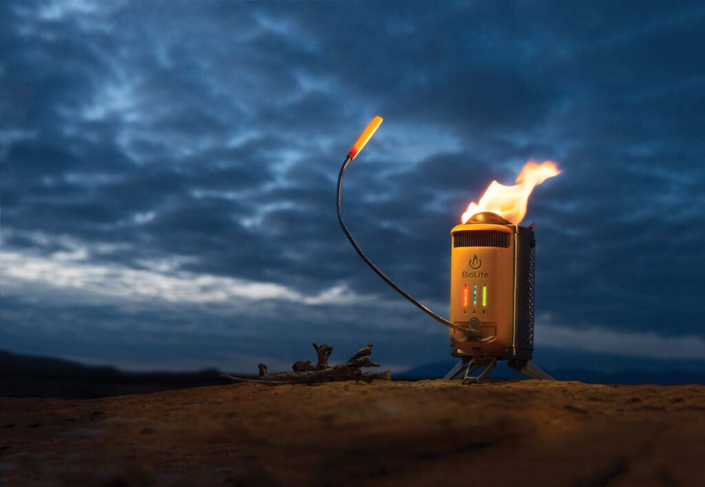 A portable, smokeless wood-burning stove that turns fire into electricity and cooks your meals at the same time.