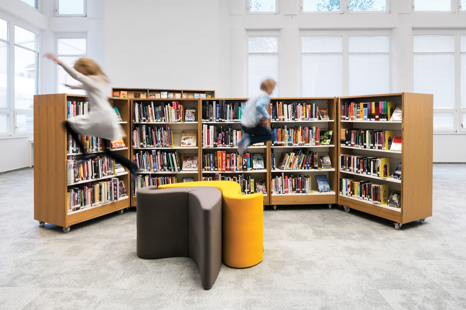 Library with yellow seating.