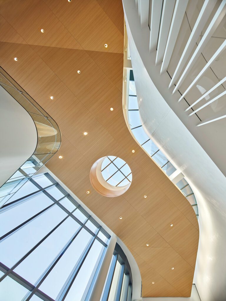 View of the expansive floor-to-ceiling windows and skylight.