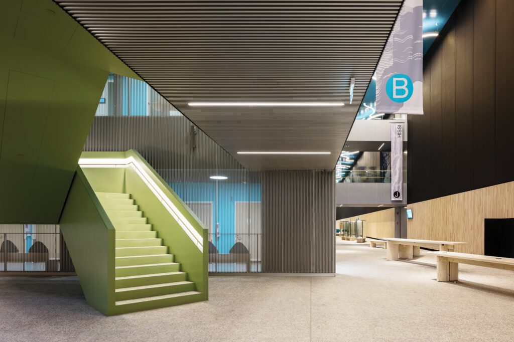 More LEDs illuminate the stairway leading to reception on the second floor. Photography: Tuomas Uusheimo.