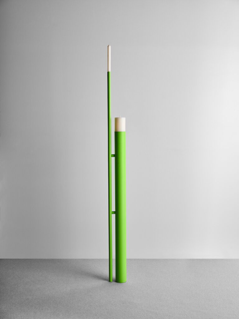 London’s skyline, with its chimneys and industrial towers, sparked the idea for Stack, shown here as a slender green form, by Philippe Malouin.