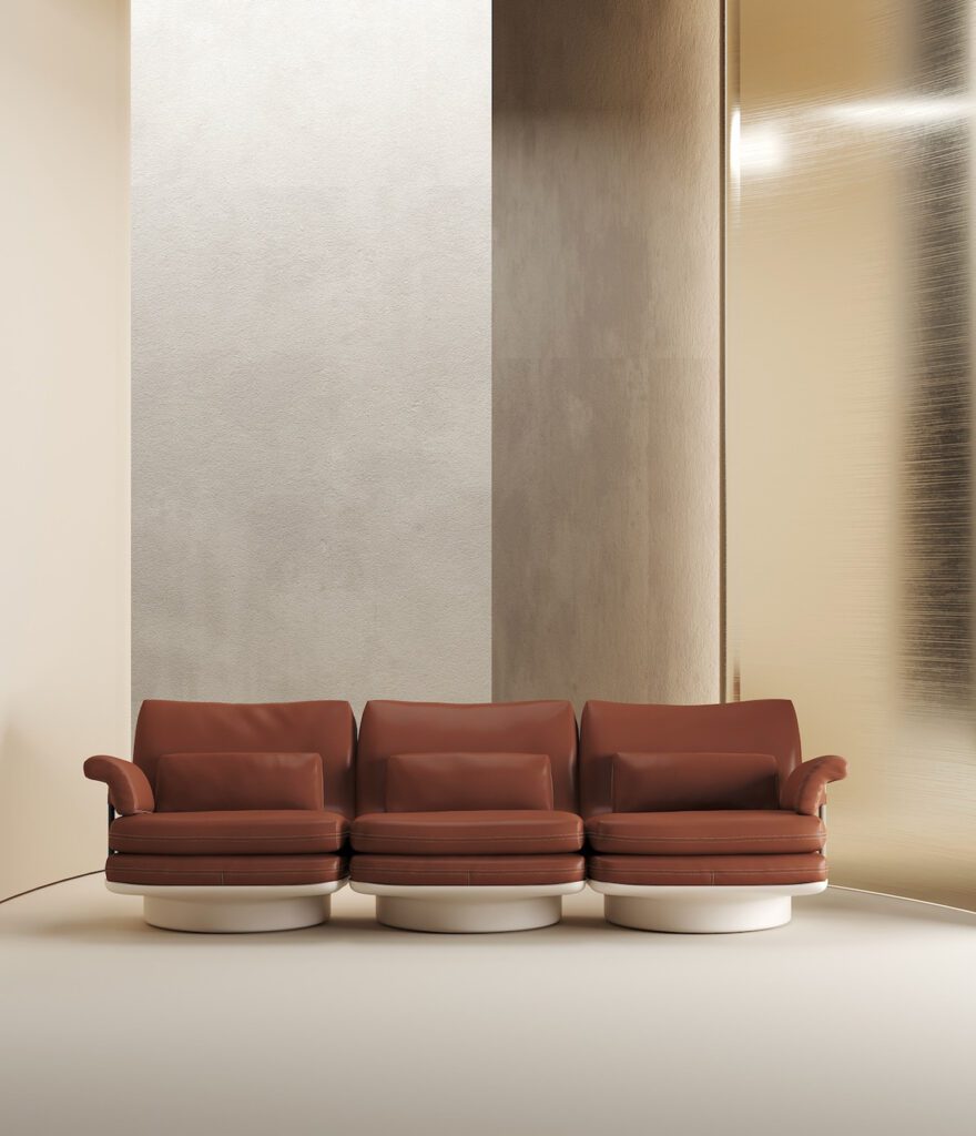 Each seat is a standalone armchair in the modular Bibendum sofa by Lucy Kurrein for Molinari – allowing endless configurations. Each also has a round base, for both a 1960’s aesthetic and swivel power.