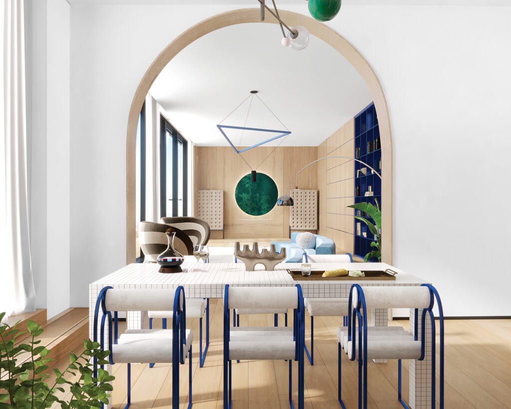 Archways, like this one between the living and dining areas, delineate spaces while keeping the 980-square-foot plan open.