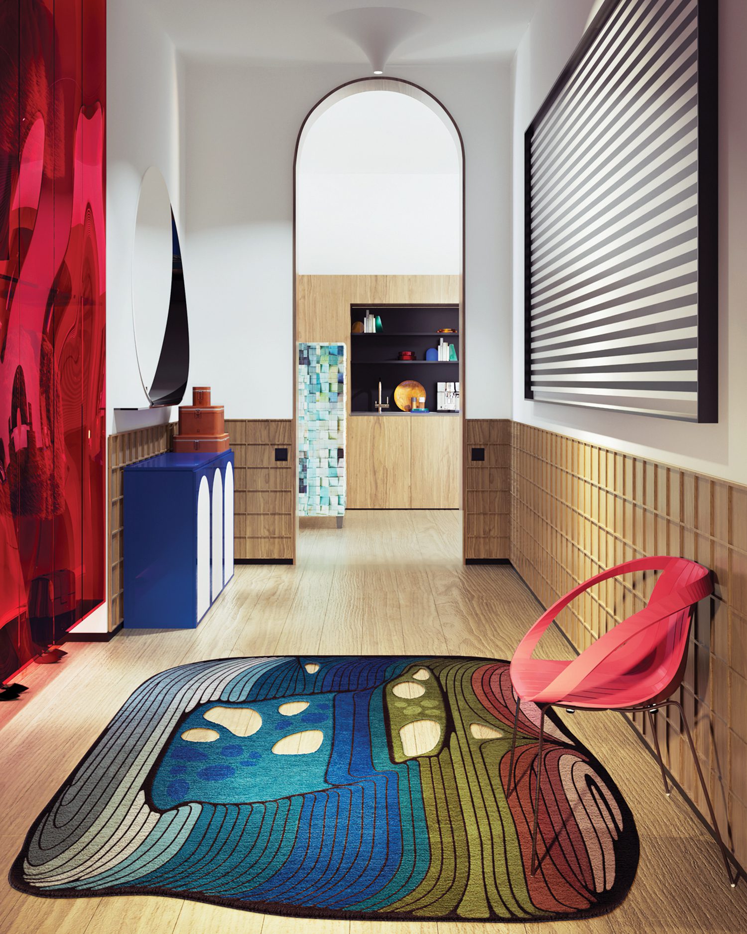 Doshi Levien’s Impossible Wood chair faces glass panels with an interstitial halogen film in the entry hall.