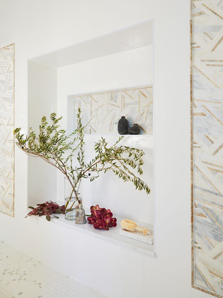 Inside the master bath shower of a New York residence by Laurence Carr Design and Jordan Rosenberg Architect. Photography by Kelly Marshall.