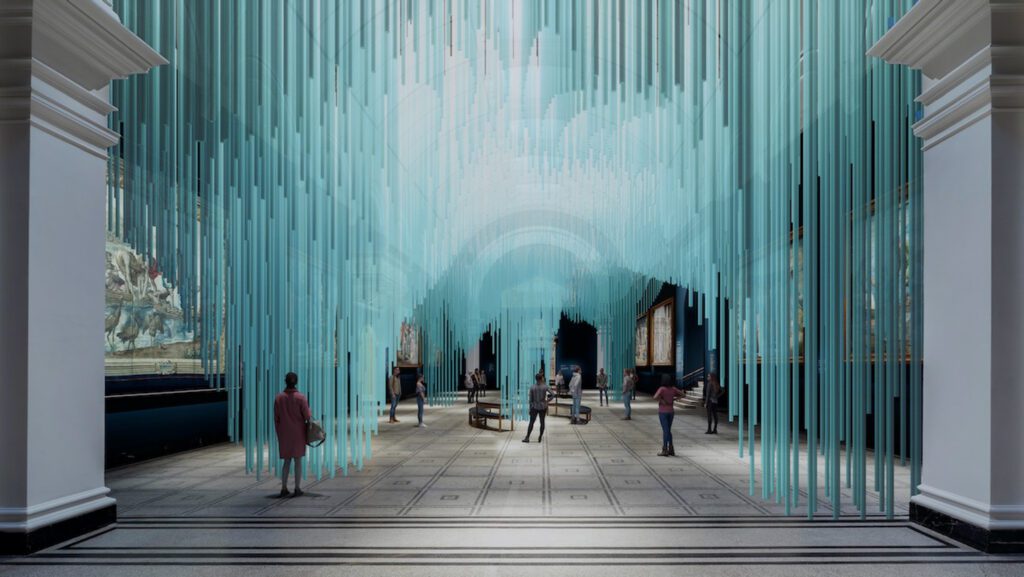 A digital visualization of teal forms hanging from the ceiling.