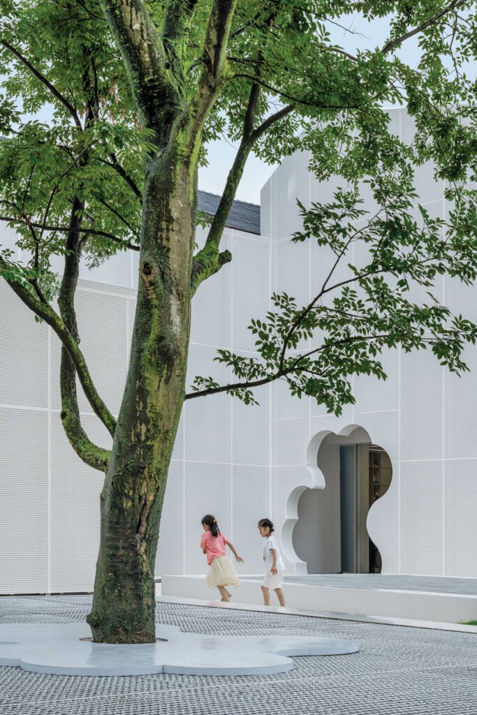 The courtyard had been built around a transplanted hackberry tree, its stone trunk surround echoing the organic shape of the entry.