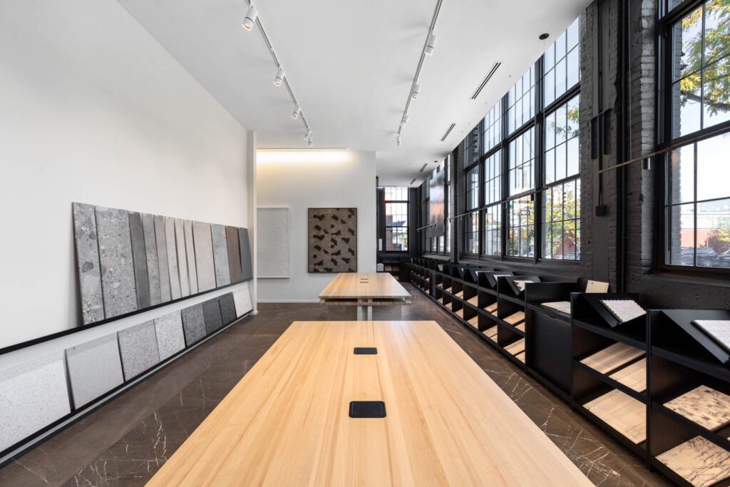 Bamboo tables and grey porcelain floor tiles