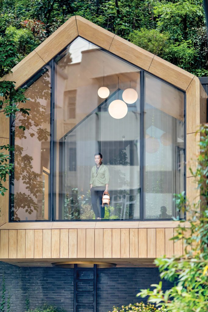 Custom pendant globes illuminate the interior of the cabin.