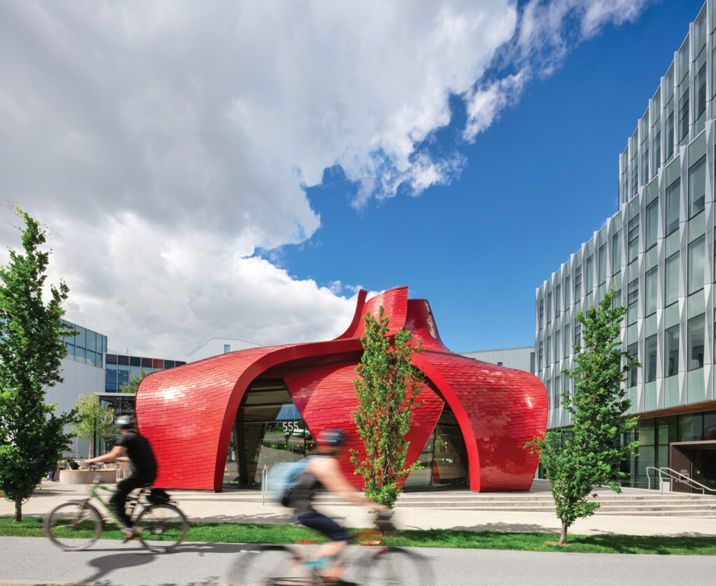 Nemesis Coffee occupies a pavilion of composite aluminum shingles and glass on the quad of Emily Carr University of Art + Design.