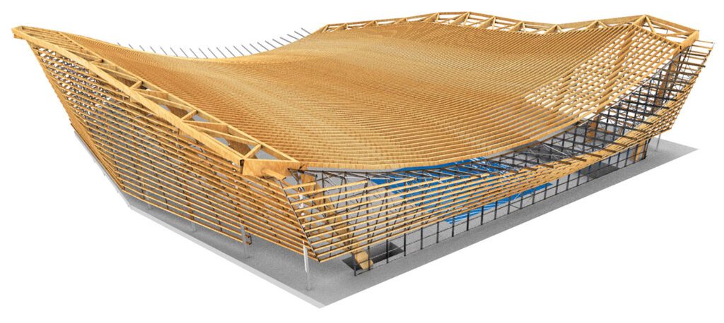 A rendering of the timber-framed Aquatics Centre for the Paris 2024 Olympic Games, its central dip, over the pool, reducing volume and improving heating efficiency. Courtesy of Proloog.