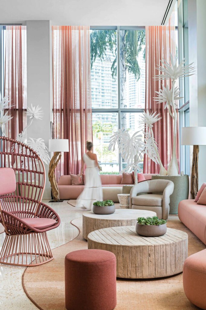 The lobby features 12-foot-tall trees made from white canvas. 