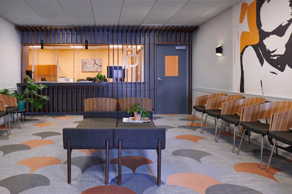 Cooke John Studio’s lobby renovation for Planned Parenthood of Metropolitan New Jersey. Photography by Lisa Russman.