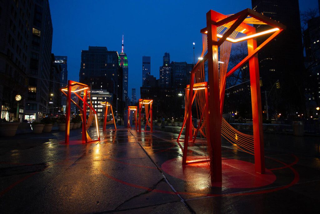 Cooke John Studio’s “Point of Action” installation in New York’s Flatiron Plaza. Photography by Tony Turner Photos.