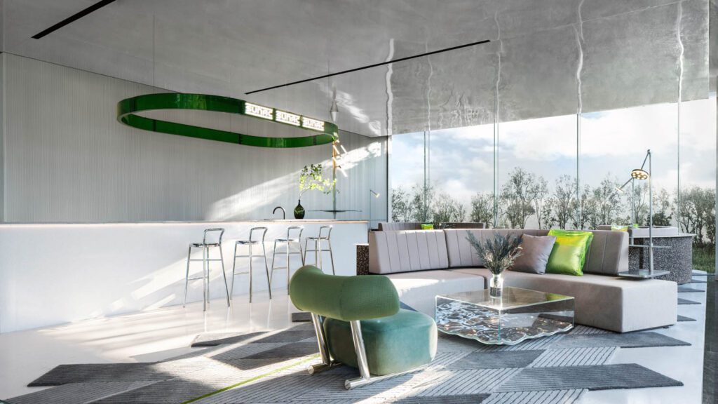 A metallic green pillow pops in a bar area, with more furniture custom designed by TOMO.