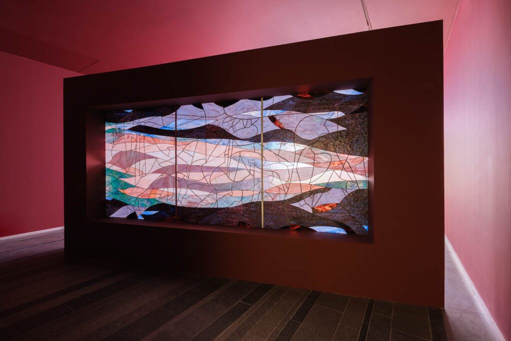 Rindon Johnson, Clattering, 2021. Stained glass, 59 x 137.75 inches (150 x 350 cm). Installation view, Future Generation Art Prize, PinchukArtCentre, Kyiv Ukraine.