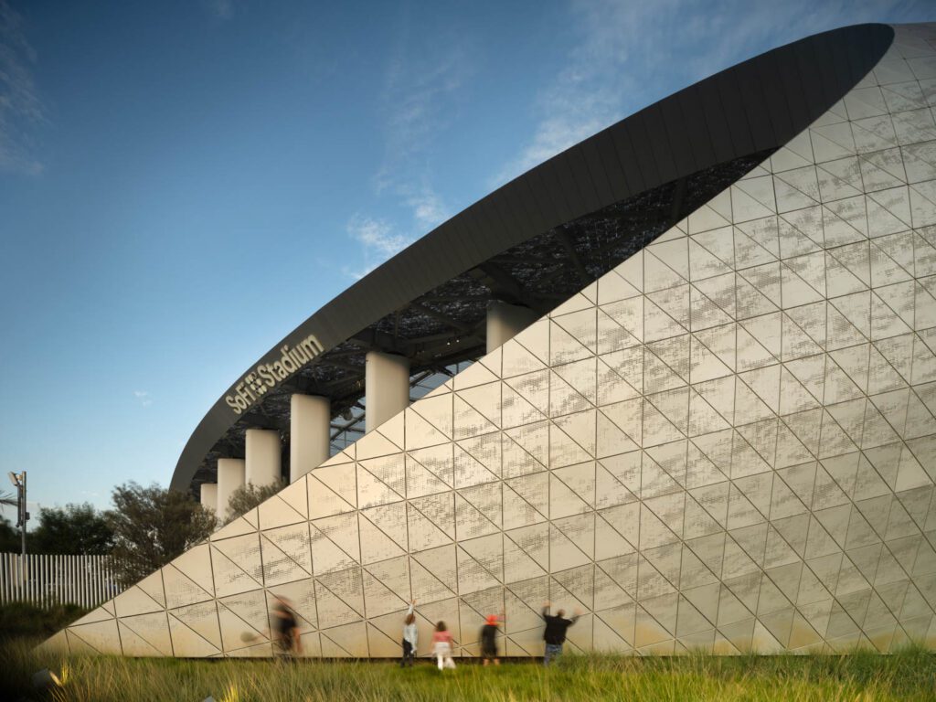 The roof consists of 309 triangular panels that lay over a perforated aluminum shell. Photography by Nic Lehoux.