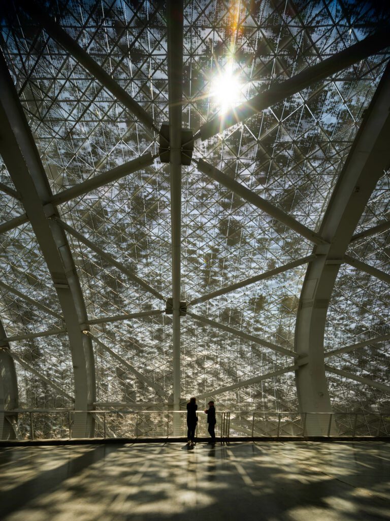 Light filters in from the roof which includes 46 panels that are operable to release hot air for ventilation. Photography by Nic Lehoux.