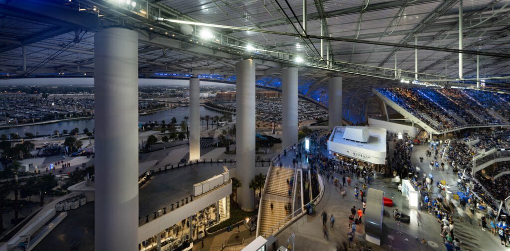 Every concession stand throughout the stadium is designed differently, giving visitors the opportunity to enjoy an array of amenities. Photography by Nic Lehoux.