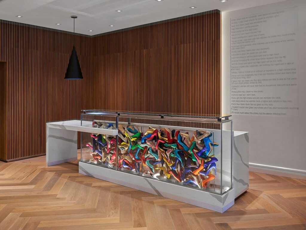 A reception desk by Willie Cole for the Hotel Zena in Washington,D.C. Photography copyright Hotel Zena.