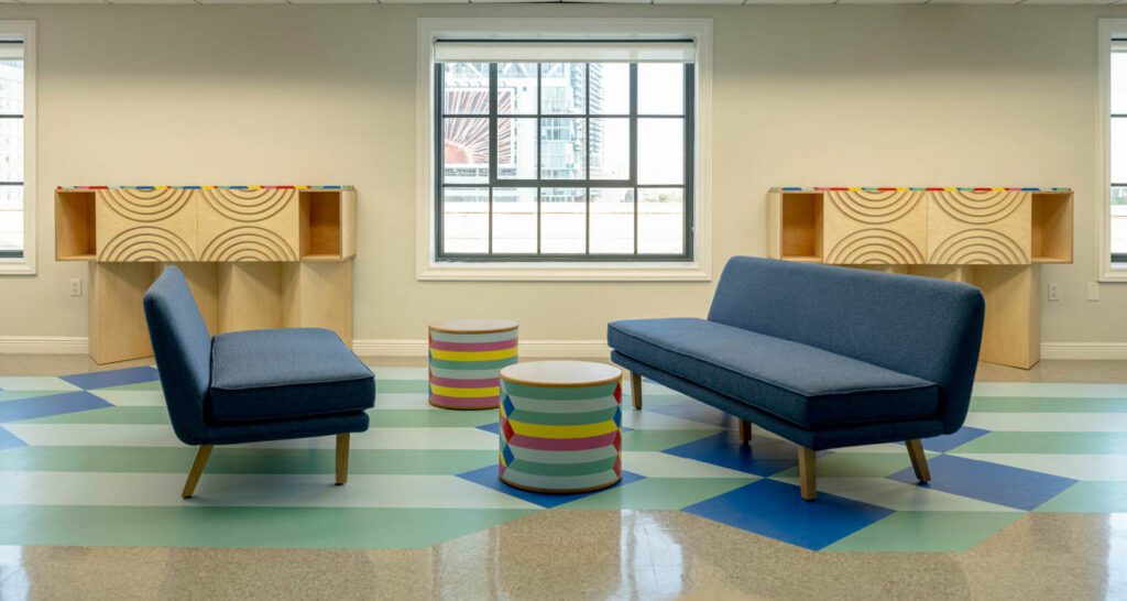 Rockwell Group for Knoll’s Unscripted modular settees form conversation areas.