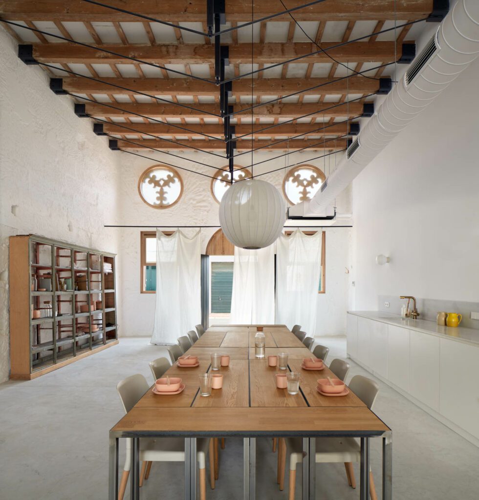 a long, communal dining table