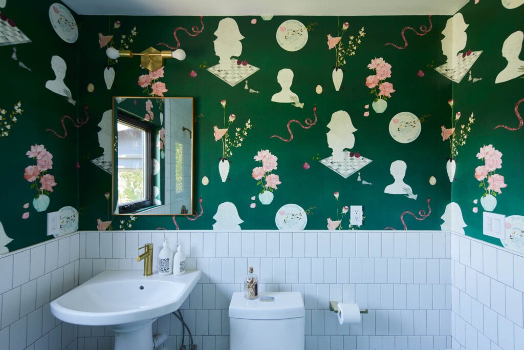 Maison C wallpaper defines the upstairs powder-room.