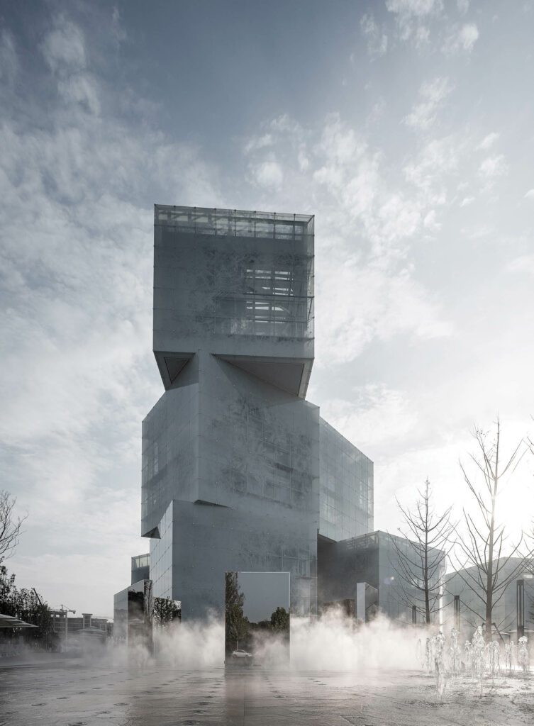 The Xinxiang Cultural Tourism Center surrounded by fog