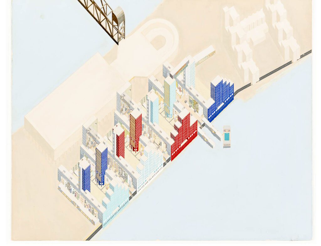 OMA proposal of the Roosevelt Island Redevelopment Project in pencil, acrylic, and watercolor on board