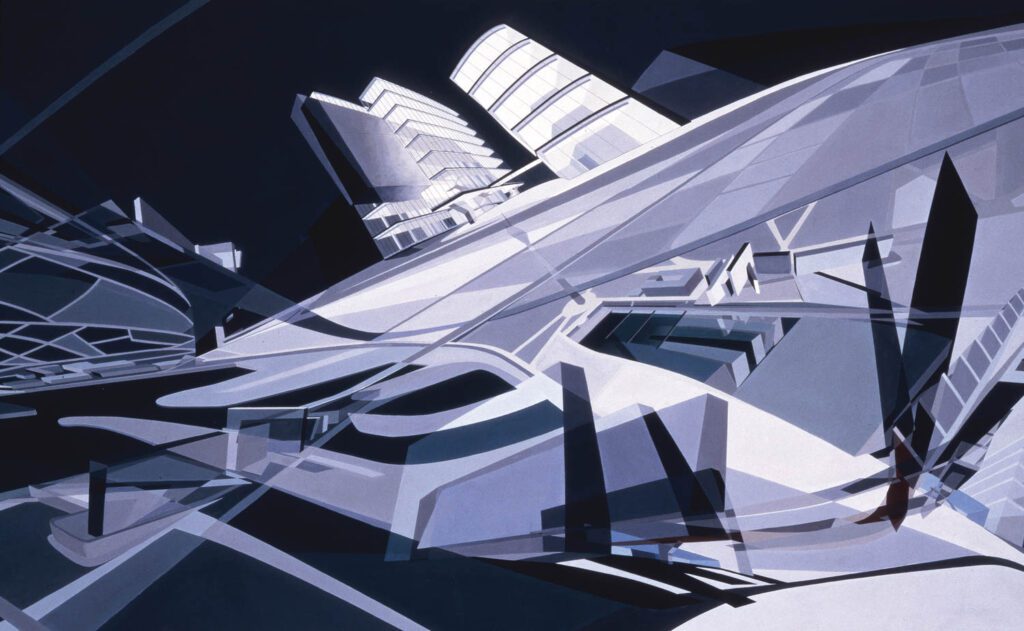 Zaha Hadid’s unbuilt Zollhof Media Park (1989–93) in Düsseldorf, Germany, was captured in a multi-perspective acrylic-on-paper rendering.