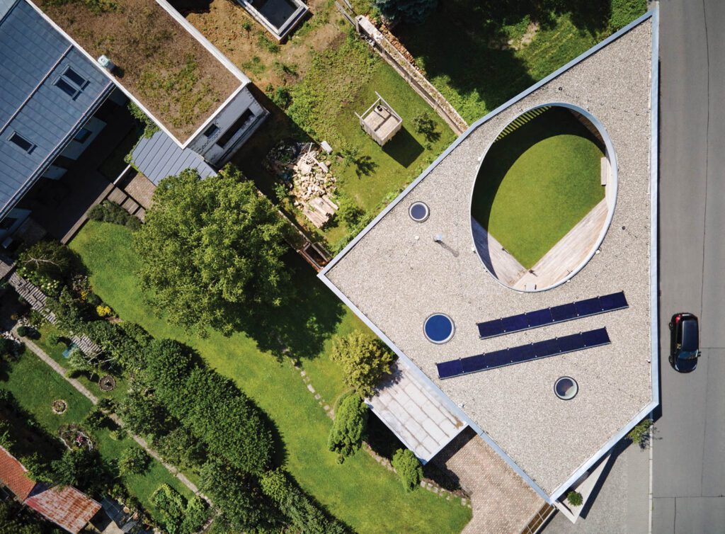 a bird's eye view of the home's circular skylight