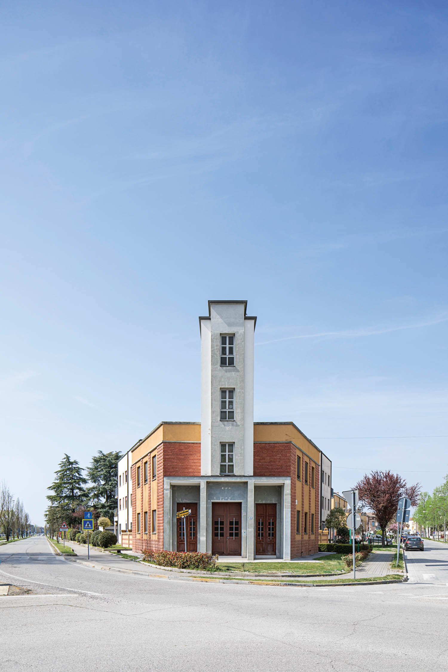 The exterior of corner building.