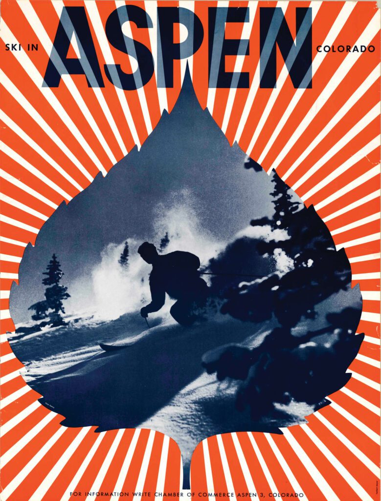 A 1949 ski poster featuring Bayer’s Aspen-leaf logo.