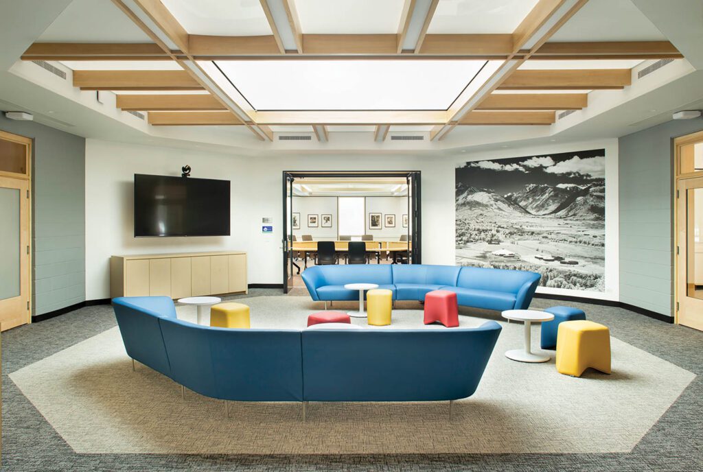 The renovated Boettcher Building’s skylit central hub, formerly an open courtyard.