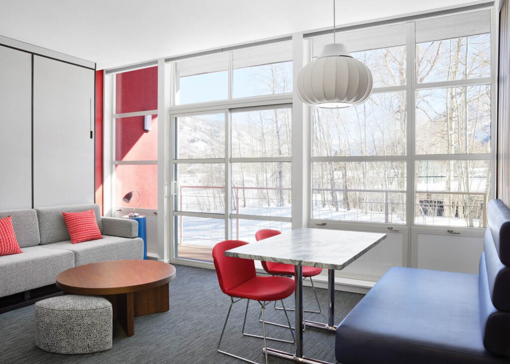 A guest room in the Aspen Meadows Resort, designed by Bayer in 1954 and renovated this year by Michael Suomi Design.