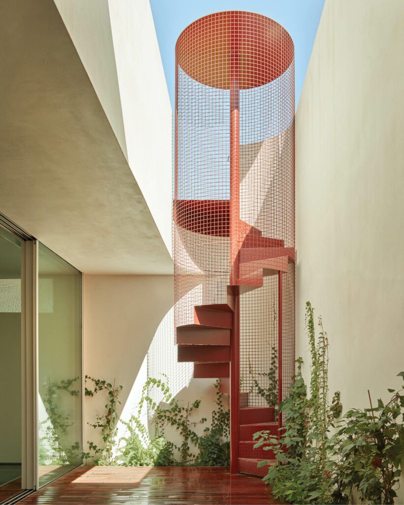 a red spiral staircase