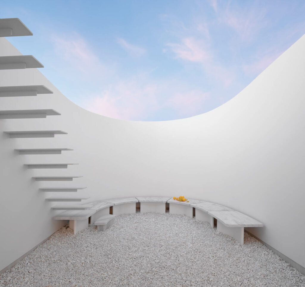 Matte-white powder-coated steel steps lead from the kitchen’s gravel courtyard to the rooftop terrace; X- and Y-shape concrete legs support the marble bench seats. 