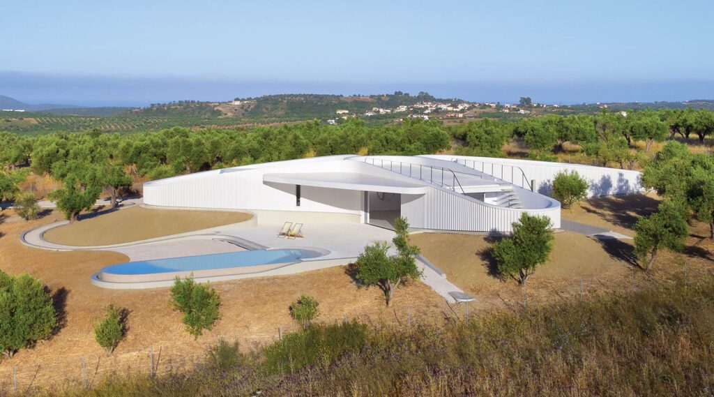 Futuristic yet grounded, the dwelling’s undulating white facade, as viewed from the southeast, engages with its agrarian surroundings—as does the 344-square-foot pool offering panoramic views. 