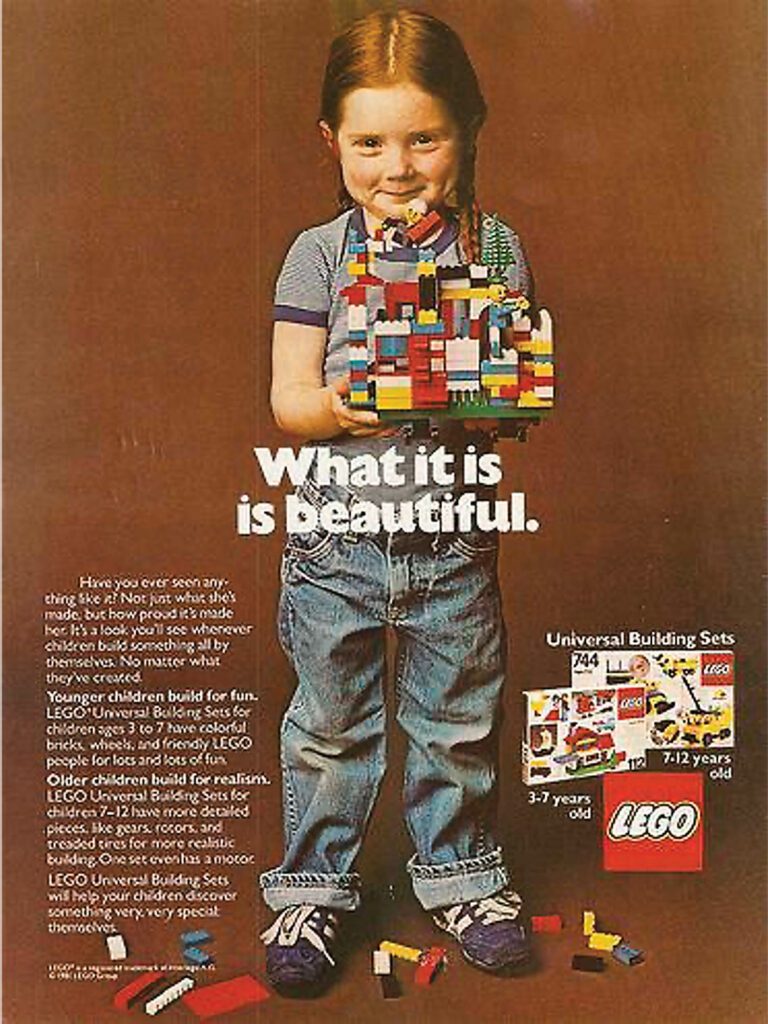 a 1980s lego ad campaign with a girl building