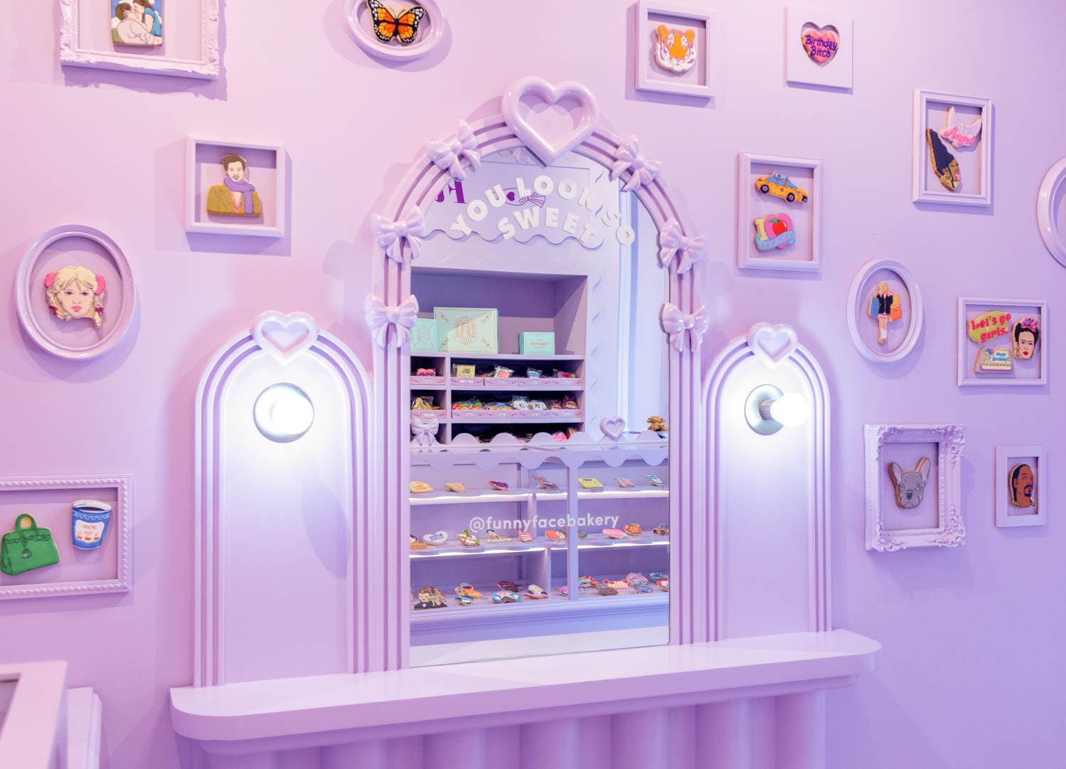 Funny Face Bakery's cookie wall painted a pastel shade of purple