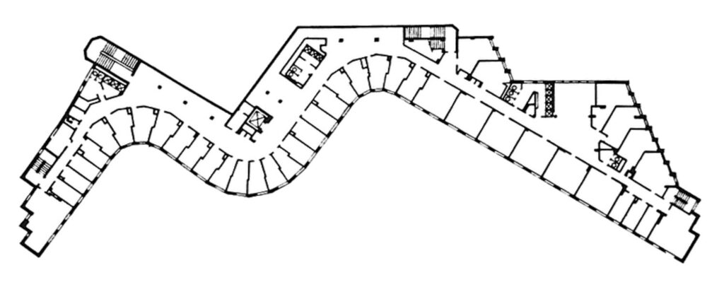 Alvar Aalto begins building the Massachusetts Institute of Technology dormitory shown in this floor plan. 