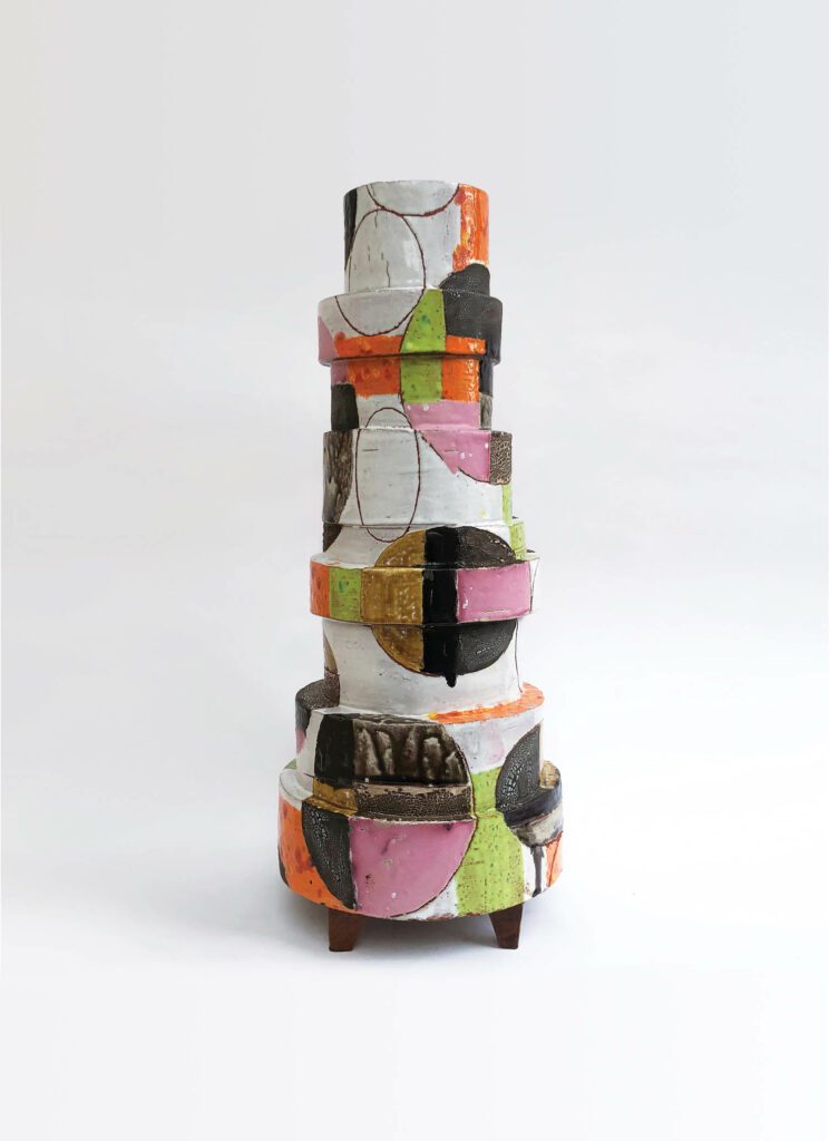 Tall Bright Stack one-of-a-kind hand-built glazed-ceramic vessel by Christopher Russell. Image courtesy of Todd Merrill Studio, NYC.